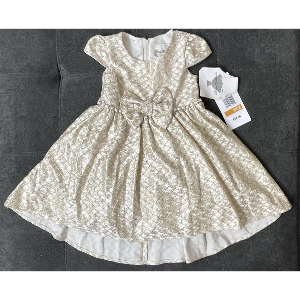 NWT's Rare Editions Girls 3T Gold Special Occasion Cap Sleeve Bow Dress